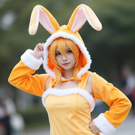 Photograph of an Asian woman in a vibrant orange bunny cosplay with white fur trim, orange hair, and bunny ears, posing outdoors with a blurred green