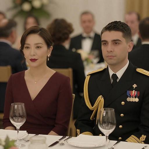 Formal Dinner with Navy Officer and Woman in Burgundy Dress