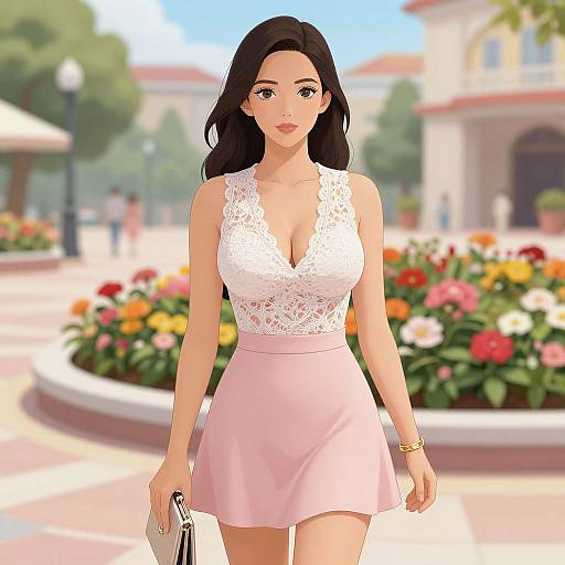 Digital illustration of a beautiful woman with long black hair, wearing a white lace top and pink skirt, standing in a sunny, flower-filled plaza.