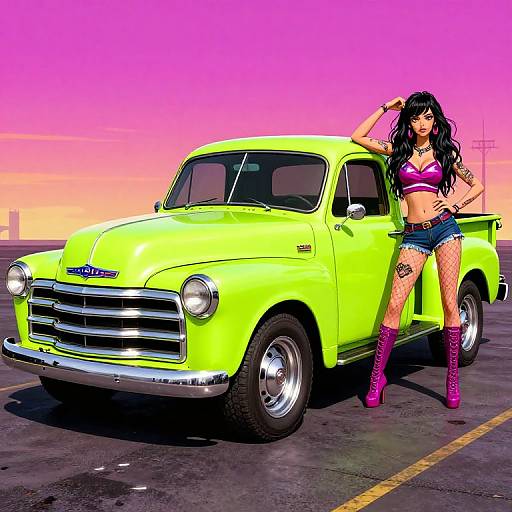 Digital art: Curvy woman with black hair, pink bra, denim shorts, fishnet stockings, and pink boots, leans against neon green vintage pickup