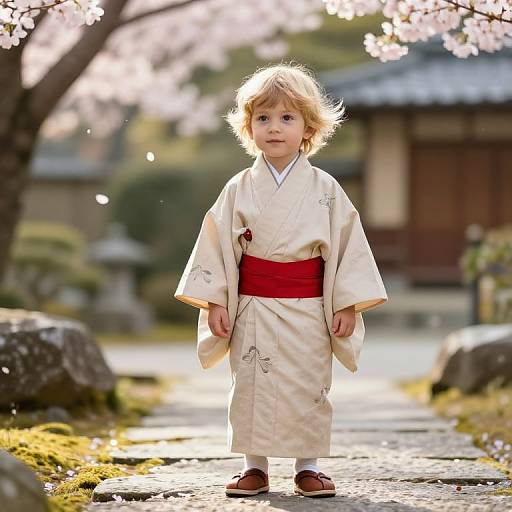 Young Boy in Kimono Amid Cherry Blossoms