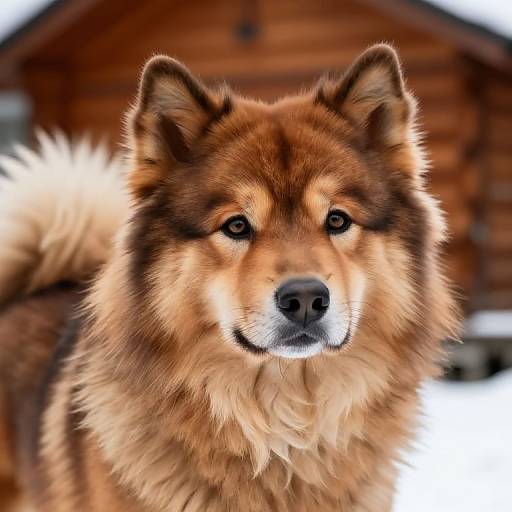 Photograph of a fluffy, brown and tan Akita dog with piercing eyes, standing in front of a wooden cabin blurred in the background.