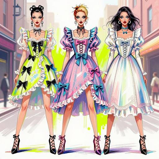 Digital illustration of three women in vibrant, frilled, Victorian-inspired dresses with bows, standing confidently on a city street.