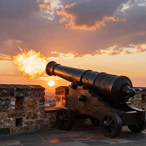 Photograph of a black, textured cannon firing at sunset against a dramatic orange and purple sky, with stone walls in the foreground.