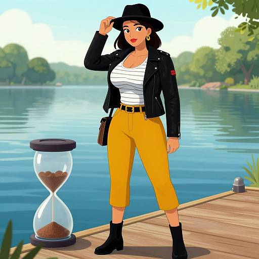 Digital illustration of a confident woman in a black hat, white tank top, yellow pants, black jacket, and boots, standing by a lake with an