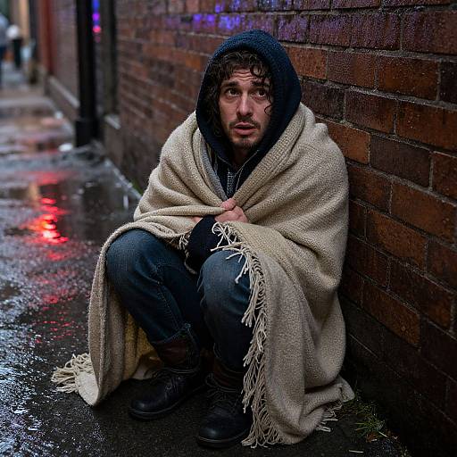 Photograph of a bearded man with curly hair, wearing a black hooded jacket and beige blanket, squatting on a wet, brick alleyway