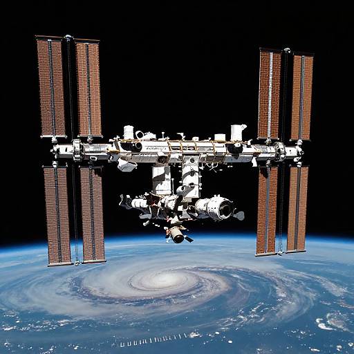 Photograph of the International Space Station (ISS) with four brown solar panels against a black space background, above a swirling white-blue Earth.
