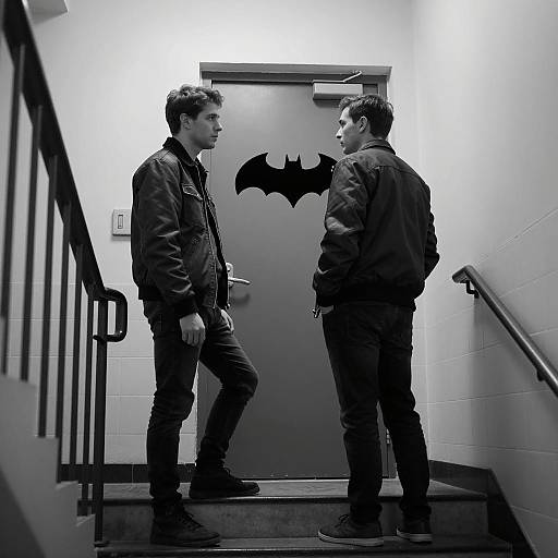 Mysterious Staircase Encounter in Monochrome