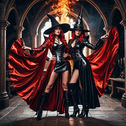 Two Female Wizards in Glossy Vinyl Robes Casting Fire Spell