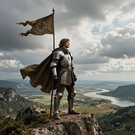 Photorealistic CGI: Brave knight in silver armor stands on rocky peak, holding brown flag with sun emblem, overlooking vast, cloudy valley.