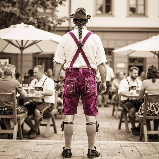 Man in Magenta Lederhosen at Beer Garden