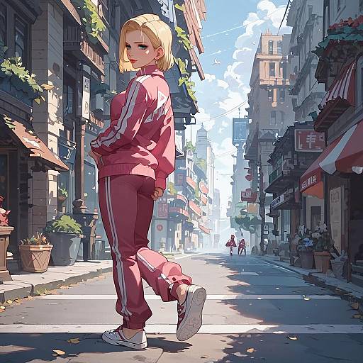 Anime Girl in Pink Tracksuit on City Street