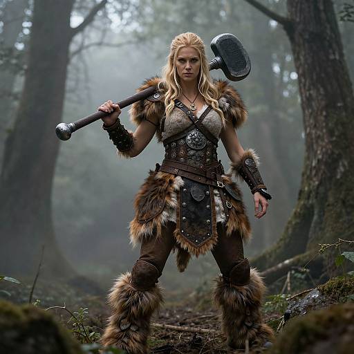 Photorealistic digital artwork of a fierce blonde warrior woman in fur and leather armor, wielding a large battle hammer in a misty forest.