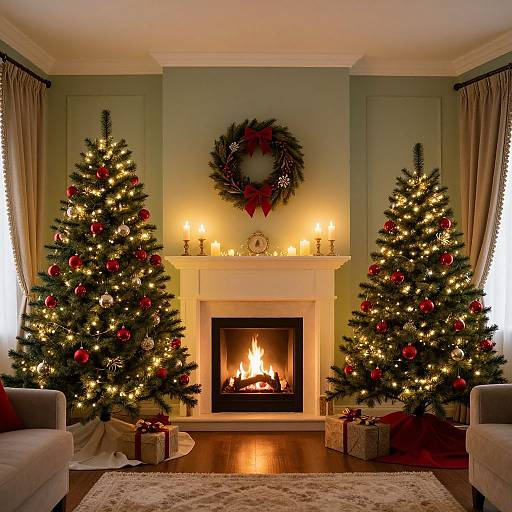 Cozy Christmas living room photograph: two lit Christmas trees, red ornaments, green walls, white fireplace with candlelit mantel, wreath, and