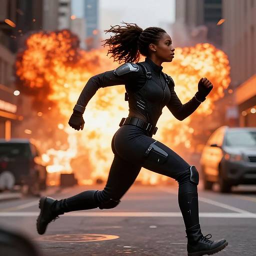 Photograph of a black, athletic woman with dreadlocks, wearing a black tactical suit, running away from a massive street explosion in an urban setting.