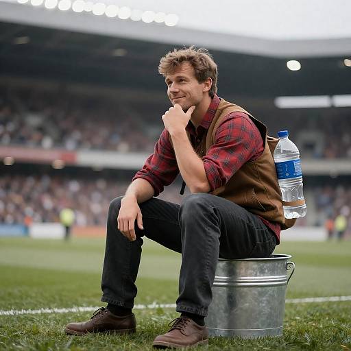 Man in Stadium with Water Bottle