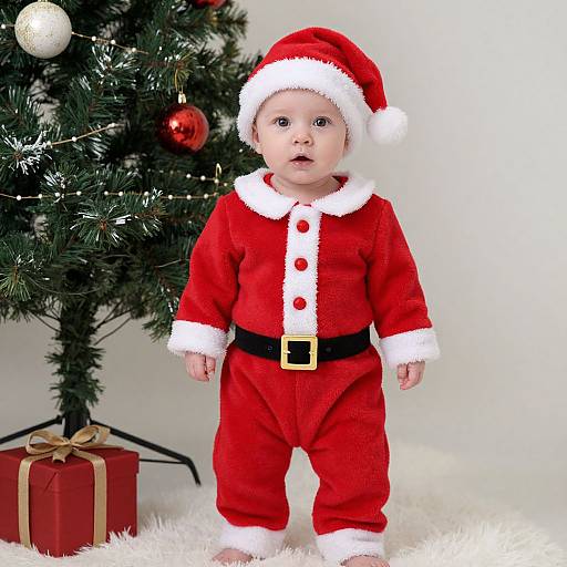Photograph of a baby wearing a red Santa outfit with white trim, standing in front of a decorated Christmas tree and a red gift box.