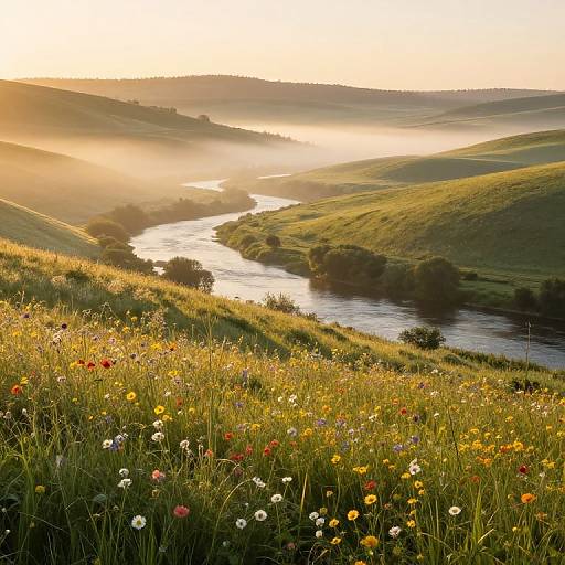 Sunlit countryside landscape at sunrise, featuring a winding river, lush green hills, colorful wildflowers, and a golden mist. Photograph.