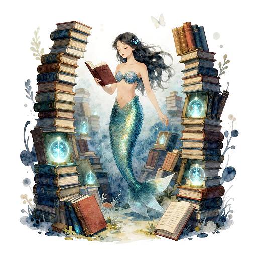 Dreamlike Merfolk Librarian with Bioluminescent Books
