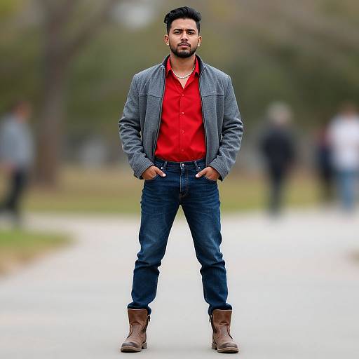 Photograph of a bearded man with medium brown skin, black hair, wearing a red shirt, gray blazer, blue jeans, brown boots,