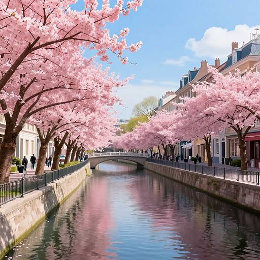 Photograph of a serene canal lined with cherry blossom trees in full bloom, reflecting pink petals in the water. People stroll along the sidewalk under a bright