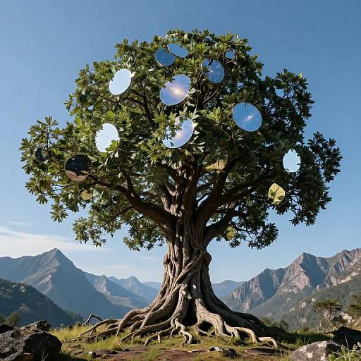 Photograph of a majestic tree with large, circular, reflective leaves against a clear blue sky and mountainous landscape backdrop.