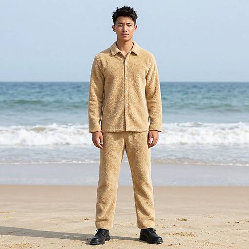 Asian man in beige tweed suit and black shoes stands on a sunny beach with gentle waves in the background.