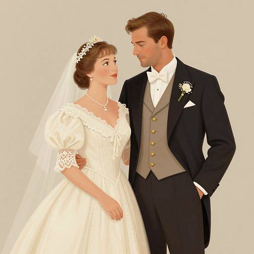 Digital illustration of a smiling couple in wedding attire: bride in white lace dress with veil, groom in black suit, gray vest, and white bouton
