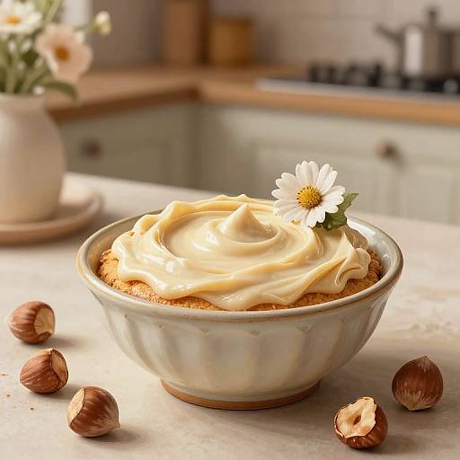 Photograph of a rustic ceramic bowl filled with creamy, beige swirled dessert topped with a white daisy, surrounded by hazelnuts on a