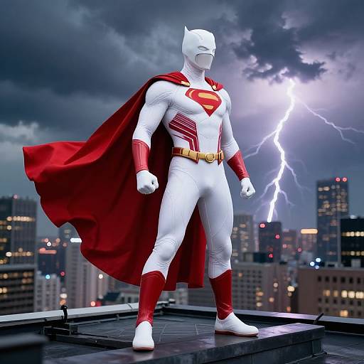 Digital artwork of a white-suited Superman with red cape, standing on rooftop, lightning bolt illuminating stormy sky, cityscape background.