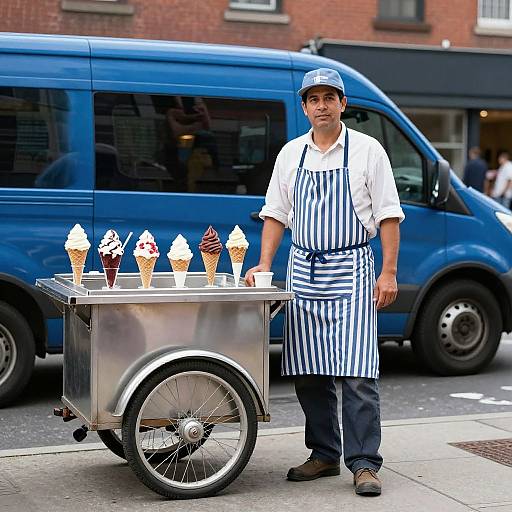 Photograph of a male ice cream vendor in striped apron, cap, and white shirt, standing beside a cart with five topped ice creams, in