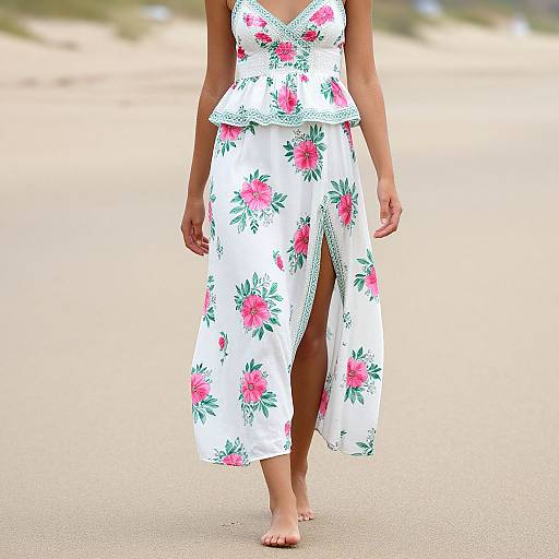 Photograph of a woman wearing a white floral sundress with pink roses and green leaves, featuring a keyhole neckline and high slit, walking barefoot