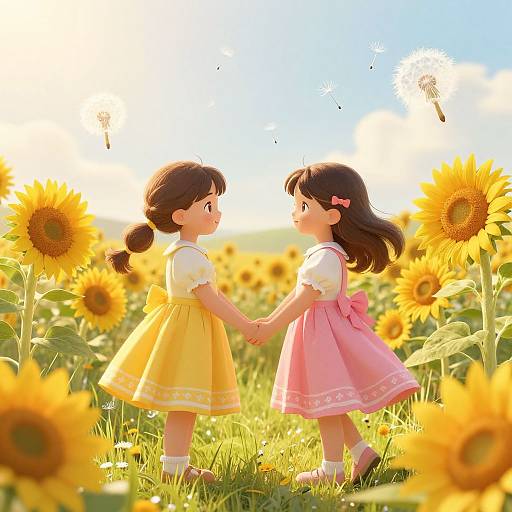 Digital illustration of two young girls holding hands in a sunflower field, wearing yellow and pink dresses, facing each other under a bright blue sky.