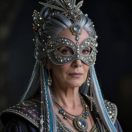 Photograph of an elderly woman with silver hair, wearing an ornate silver masquerade mask, jeweled headpiece, and matching necklace, against