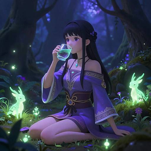Anime Girl Drinking Potion in Enchanted Forest