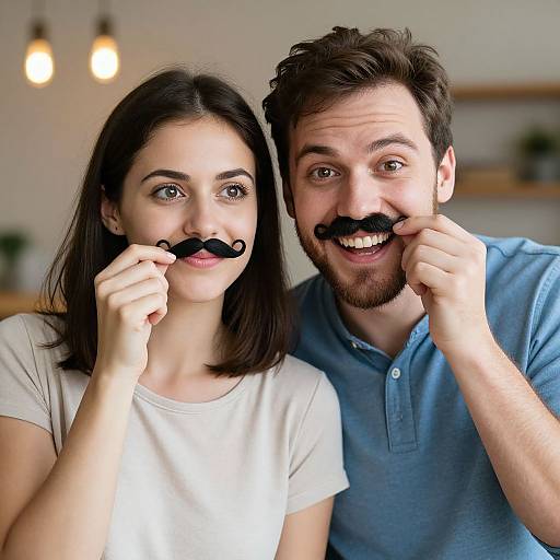 Playful Couple with Mustache Props