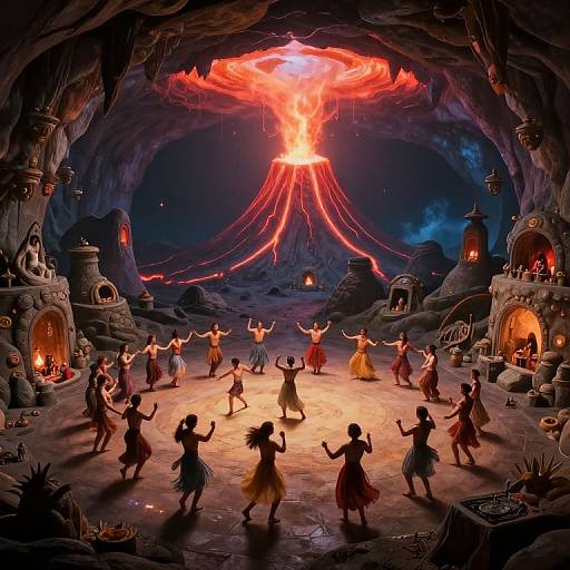 Digital fantasy artwork of dancing women in colorful dresses around a glowing volcano in a cavern, with lit huts and mystical ambiance.