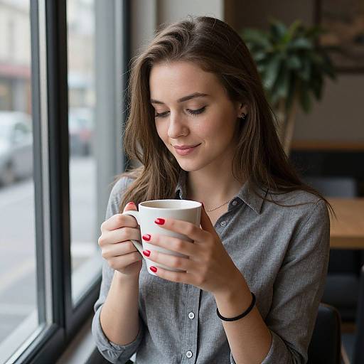 Photograph of a young woman with long brown hair, red nail polish, and grey button-up shirt, smiling while holding a white mug in a cozy