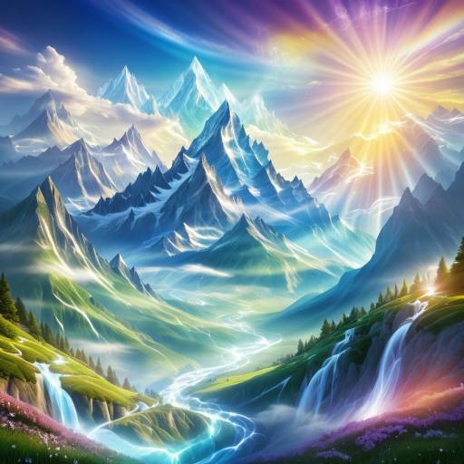 Fantasy Majestic Mountain Range with Radiant Sunbeams