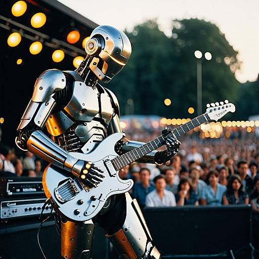 Metallic Cyborg Playing Electric Guitar on Festival Stage