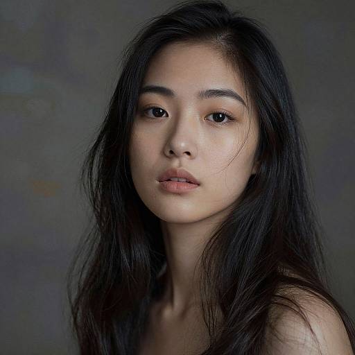 Photograph of an Asian woman with long, dark, slightly messy hair, soft brown eyes, and fair skin, gazing directly at the camera against