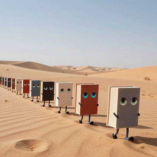 Photorealistic CGI of cartoonish, cube-shaped, colorful boxes with large eyes, standing in a desert with sand dunes under a clear blue sky
