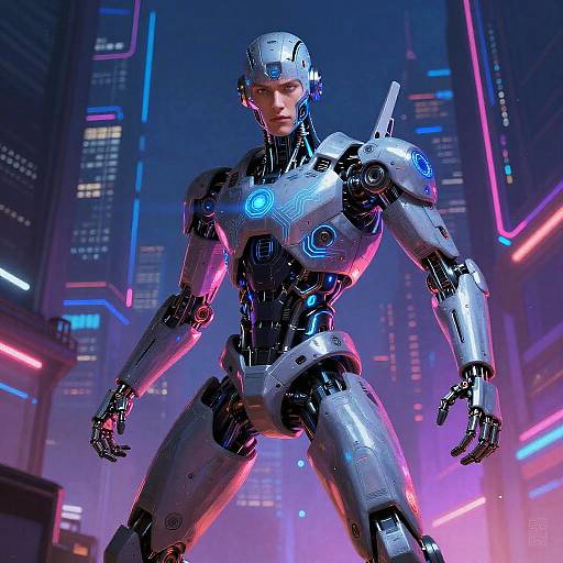 Futuristic Humanoid Robot in Cyberpunk City