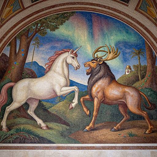 Digital painting of a white unicorn and a brown deer with antlers facing off in a vibrant, mythic forest under a colorful aurora.