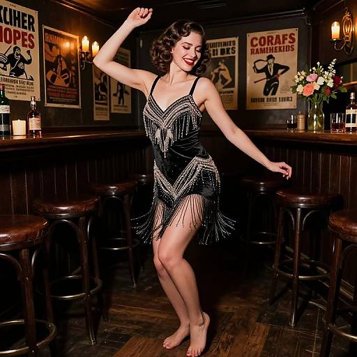 Photograph of a smiling, dark-haired woman in a black fringe dance dress, dancing barefoot in a vintage-style bar with retro posters and wooden stools
