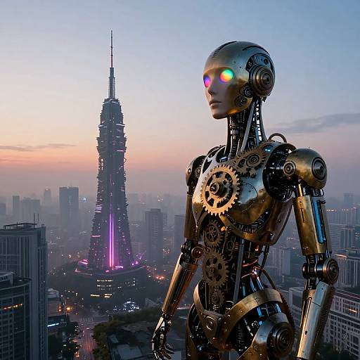 Photograph-style CGI of a golden, gear-accented humanoid robot with glowing multicolored eyes, standing in front of a sunset-lit city