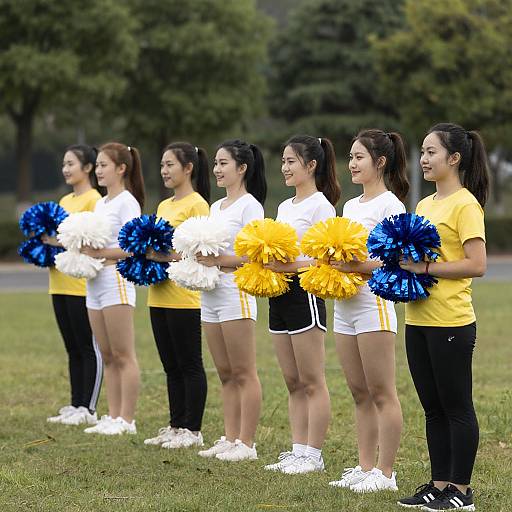 Cheerleaders Posing Outdoors with Pom-Poms