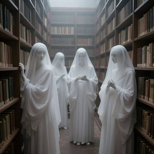 Photograph of four ethereal, ghostly white-robed women with veils, standing in a dimly lit, narrow library aisle, surrounded by