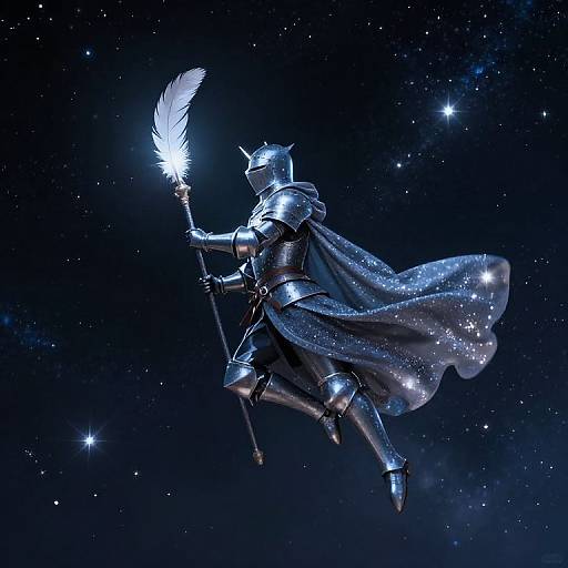 Digital art of a silver knight in shining armor with a flowing cape, holding a glowing feathered staff, floating in a starry night sky.