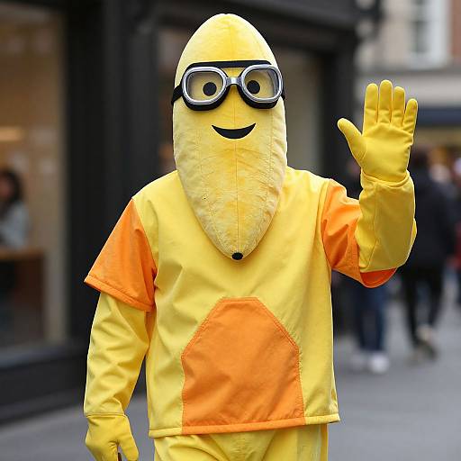 Photograph of a person in a yellow and orange cartoon bee costume with a beard, goggles, and waving hand, standing on a city street. Bl